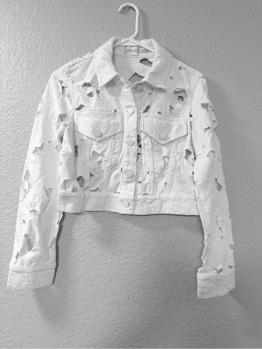 Alice + Olivia Chloe Eyelet Embroidered Denim Jacket Floral Denim Jacket Cream